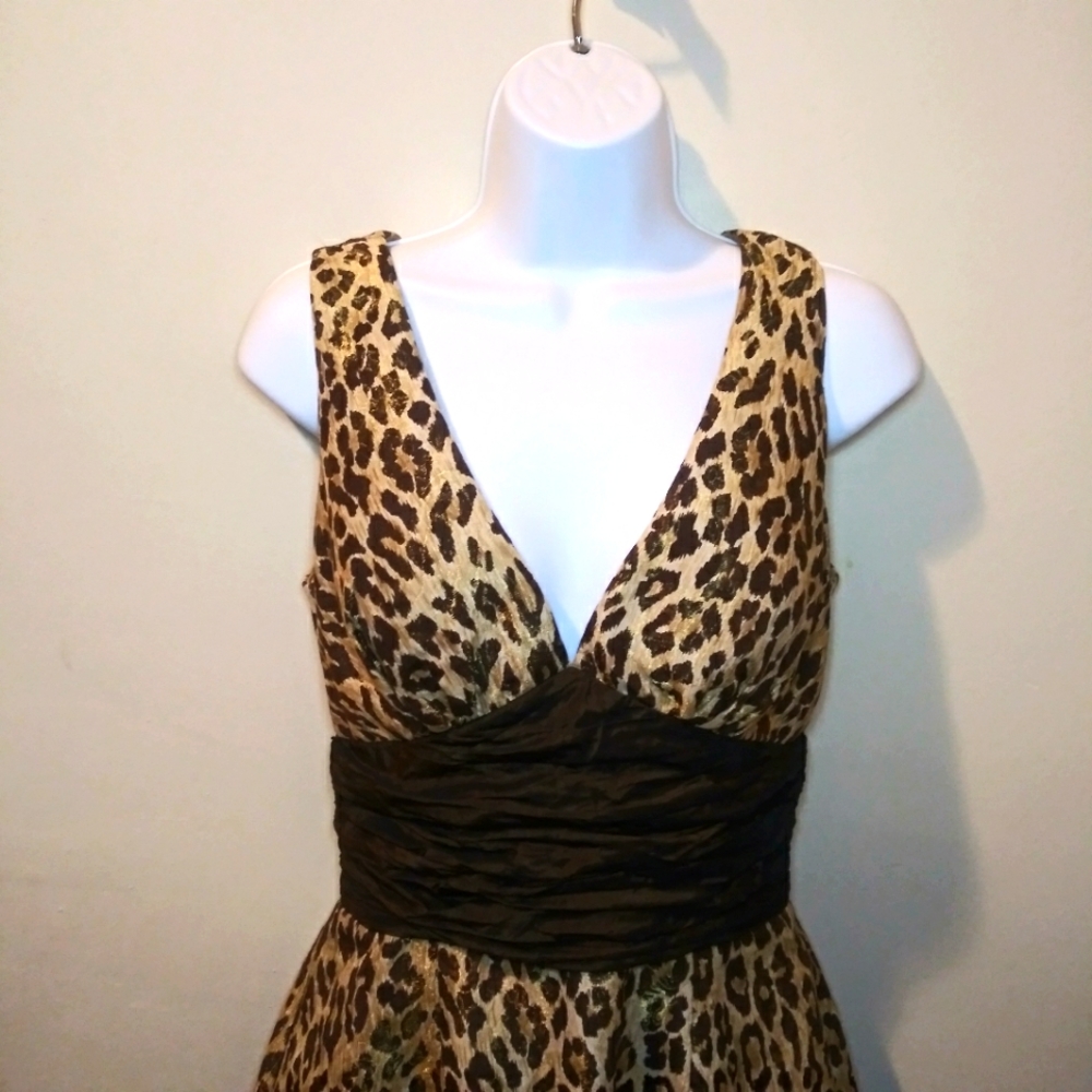 Vintage 90's Nicole Bakti Sexy Leopard Print Silk Brocade Cocktail Dress - Picture 2 of 12